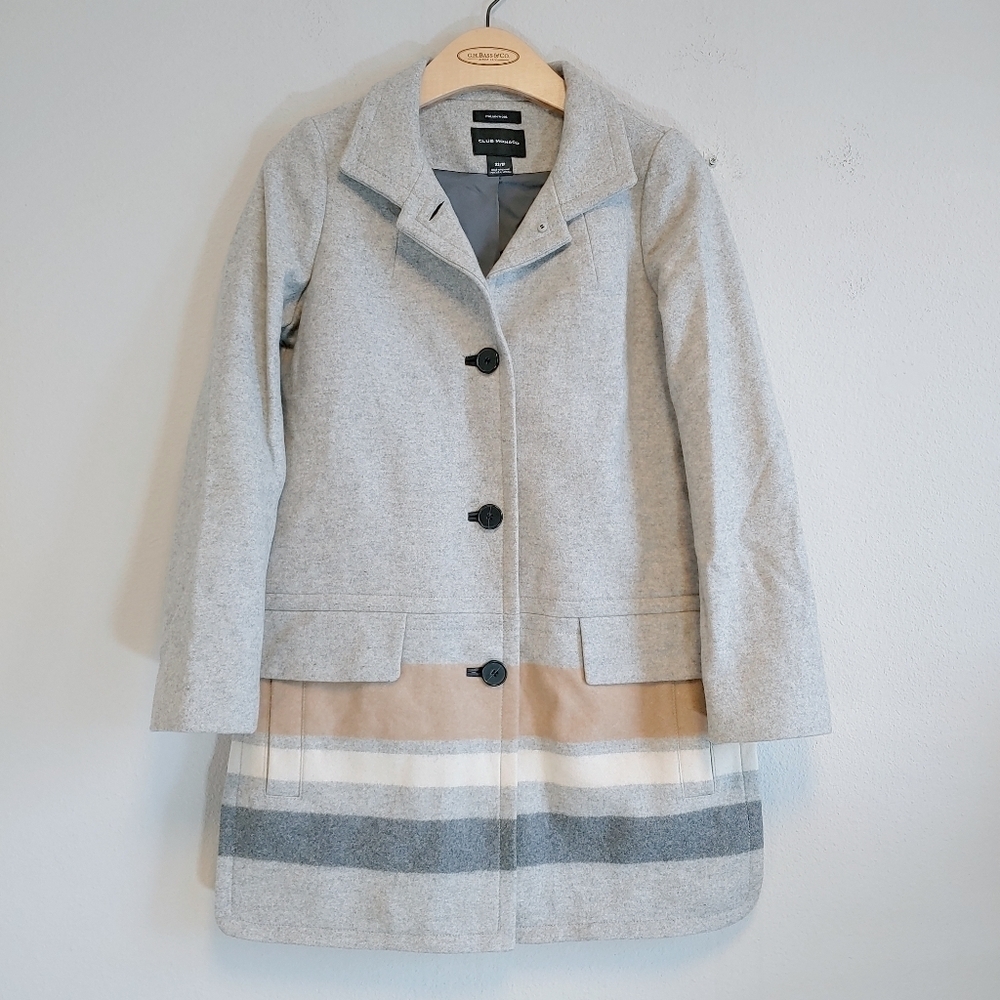 Club Monaco Women's Striped Italian Wool Blend Lamb Leather Trim Coat Sz XS Chic